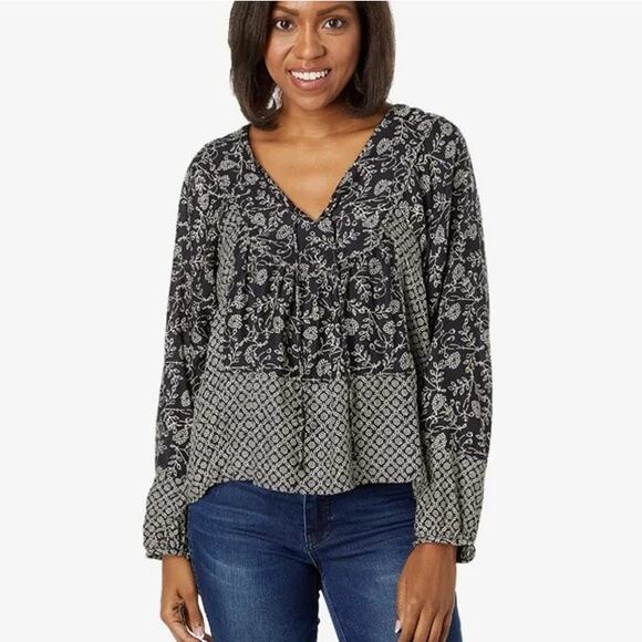 Lucky Brand Size Large Black & Tan Mixed Floral Long Sleeve Deep V-Neck Boho Top - Picture 1 of 7